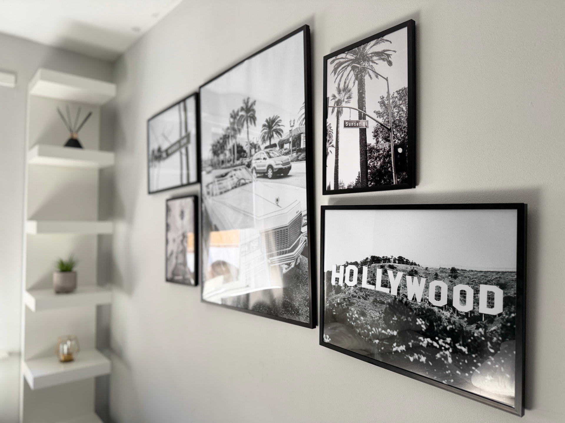 Century House monochrome gallery wall with Hollywood and Sunset Boulevard prints